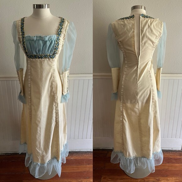 Vtg 60-70s Renaissance Style Dress Peasant Lace Floral Ribbon Cream Light Blue 6 - Picture 3 of 14